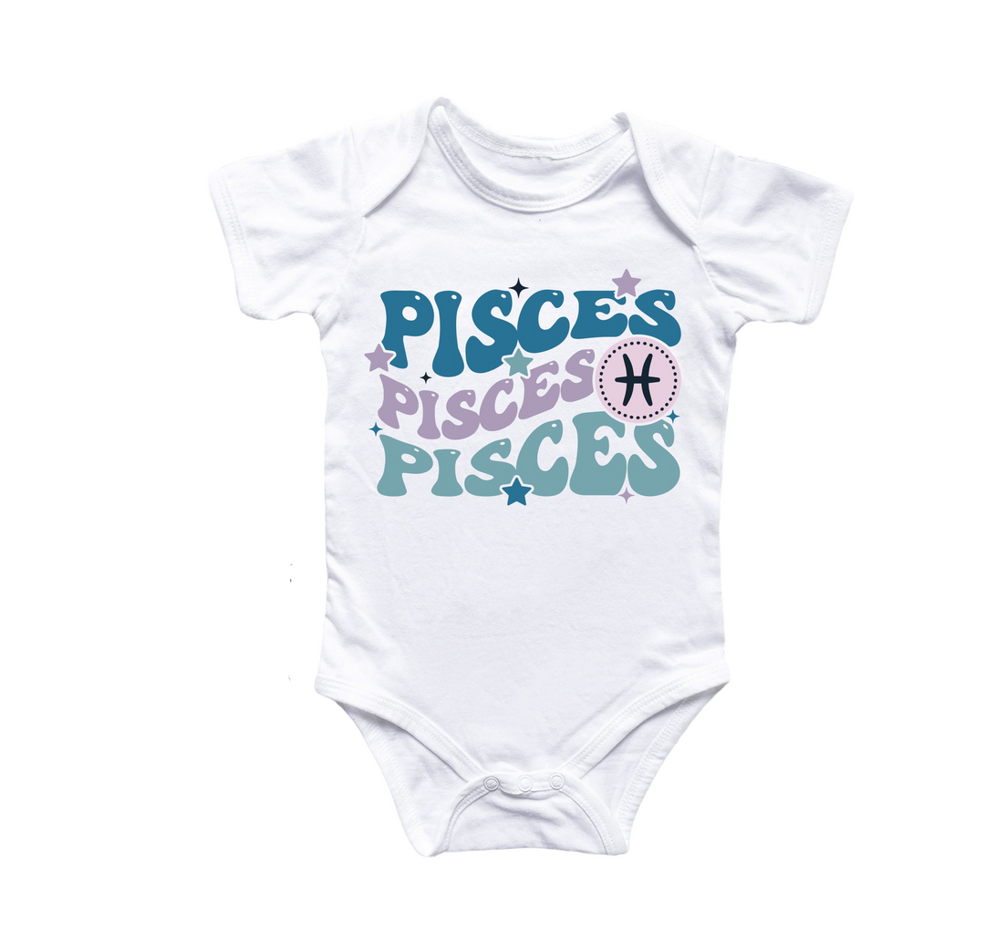 a white bodysuit with the words pisces and a baseball on it