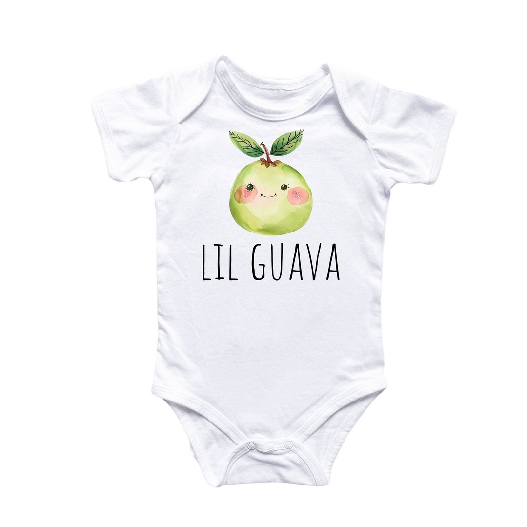 a white bodysuit with a green apple on it