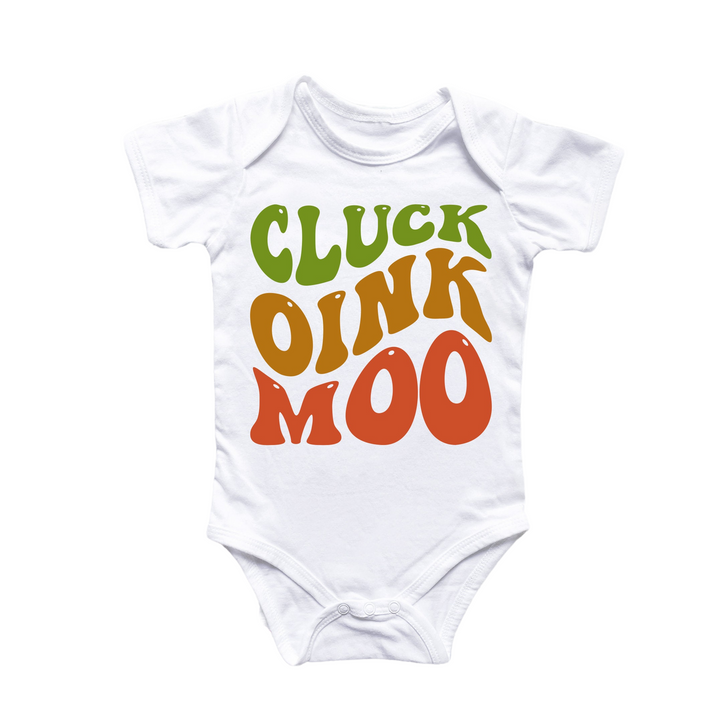 a white bodysuit with the words,'cluck onk moo '