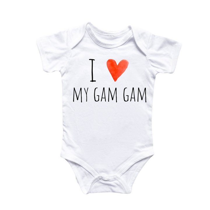 a white bodysuit with a red heart that says i love my gam ga