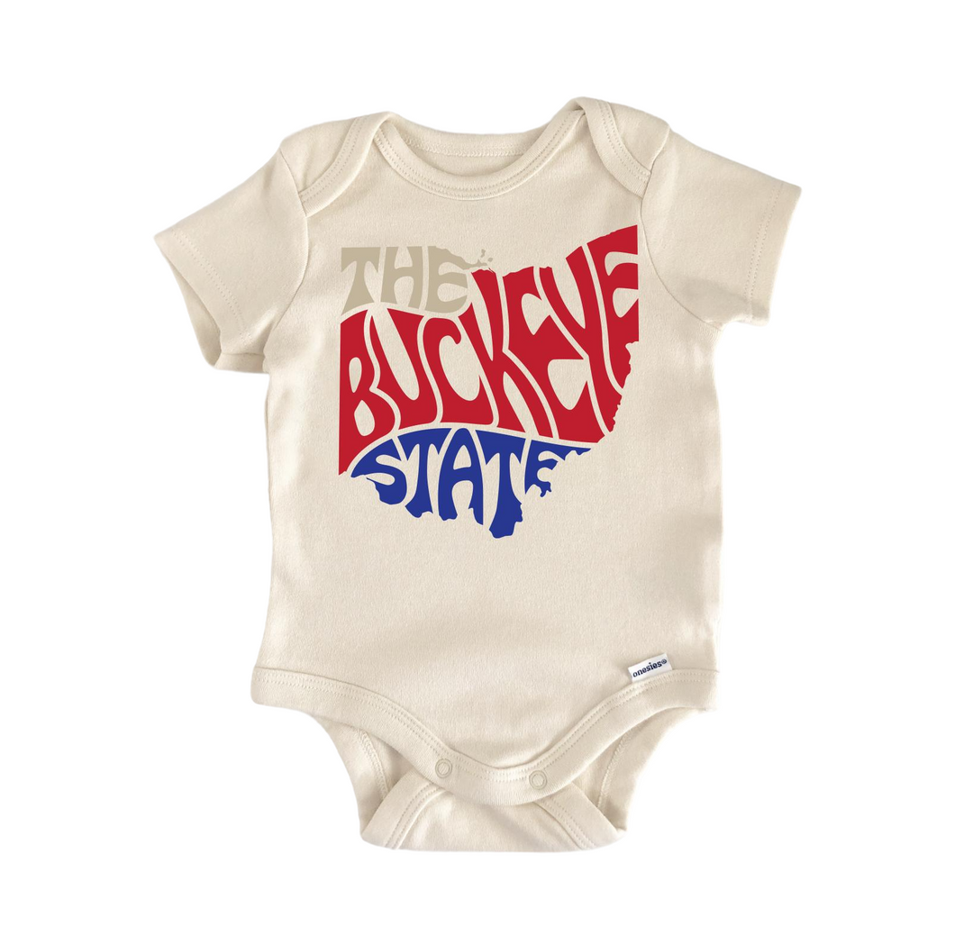 a white bodysuit with the words buckeye state printed on it