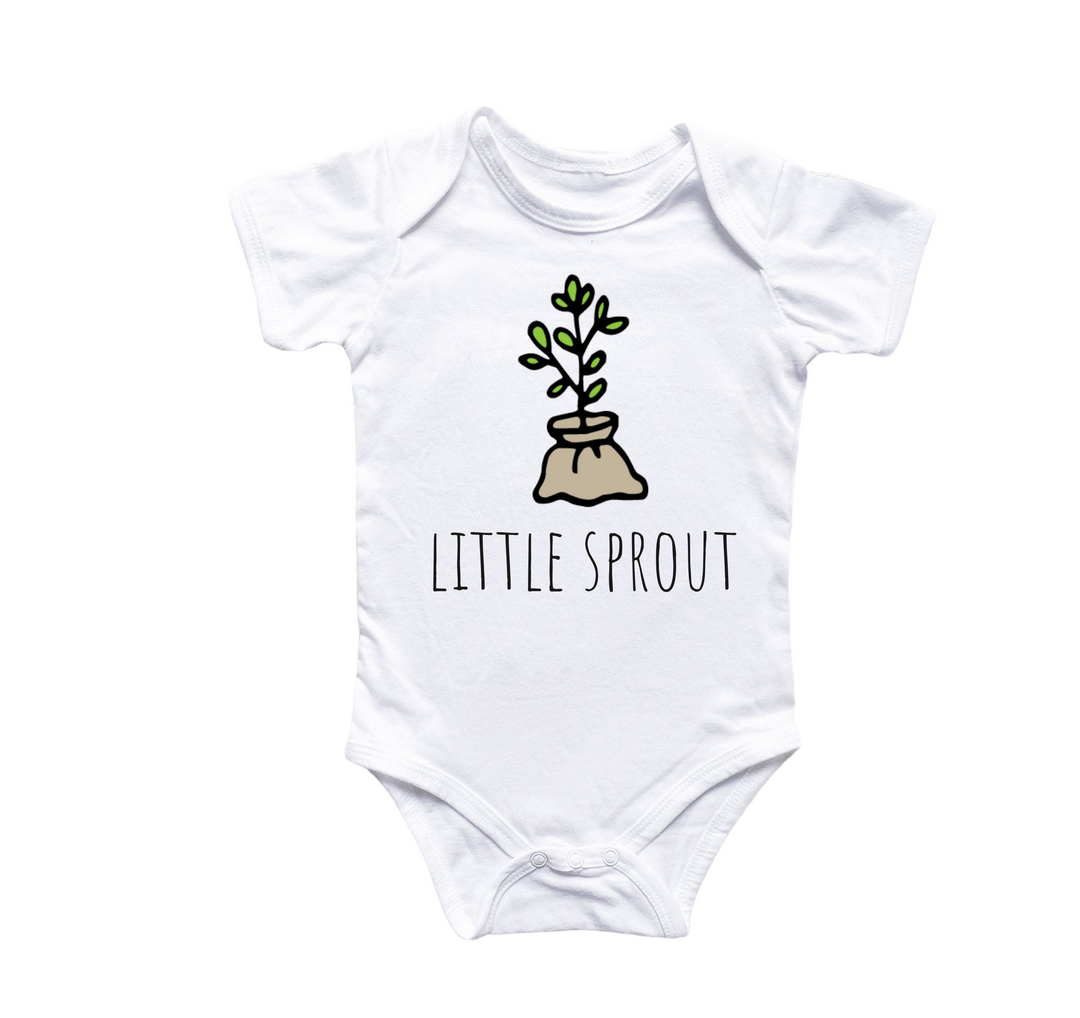 a white baby bodysuit with a little sprout on it