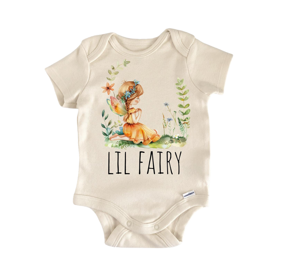 a baby bodysuit with an image of a little fairy on it