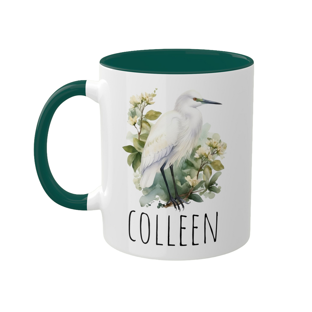 a coffee mug with a picture of a bird on it