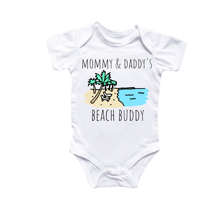 a baby bodysuit with a beach scene on it