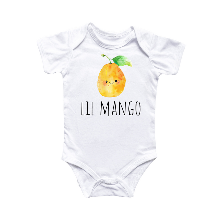 a white bodysuit with a picture of an orange on it