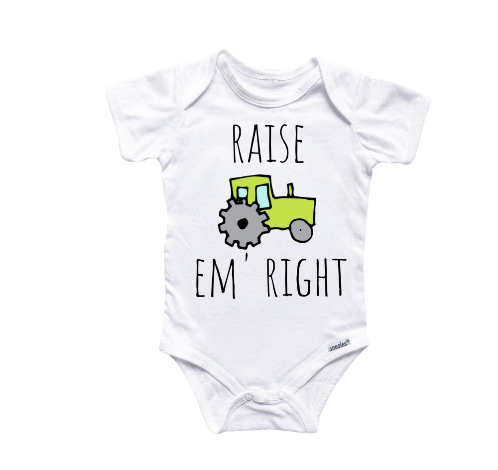 a baby bodysuit with a tractor on it