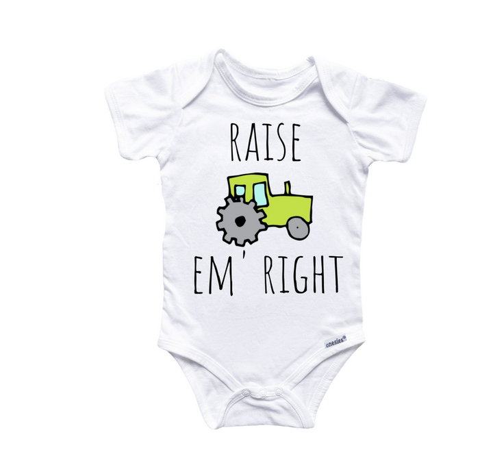 a baby bodysuit with a tractor on it