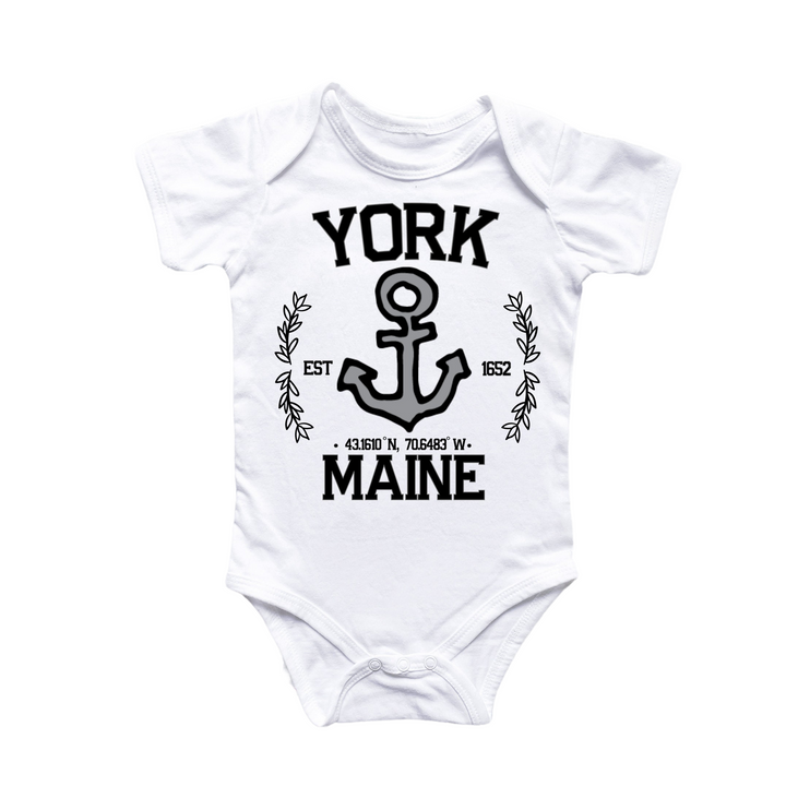 a white bodysuit with an anchor and the words york on it