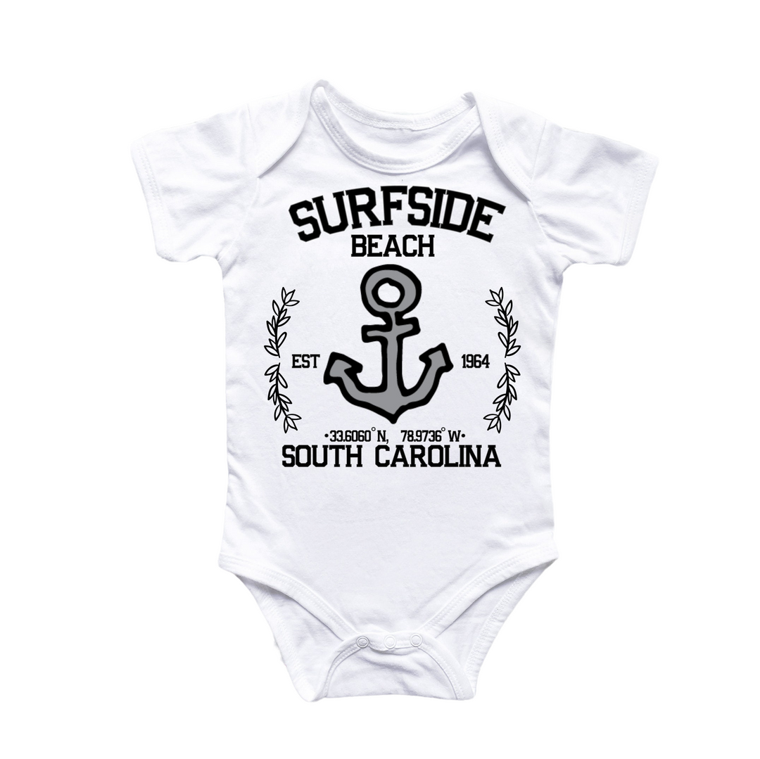 a white bodysuit with an anchor and the words surfside beach