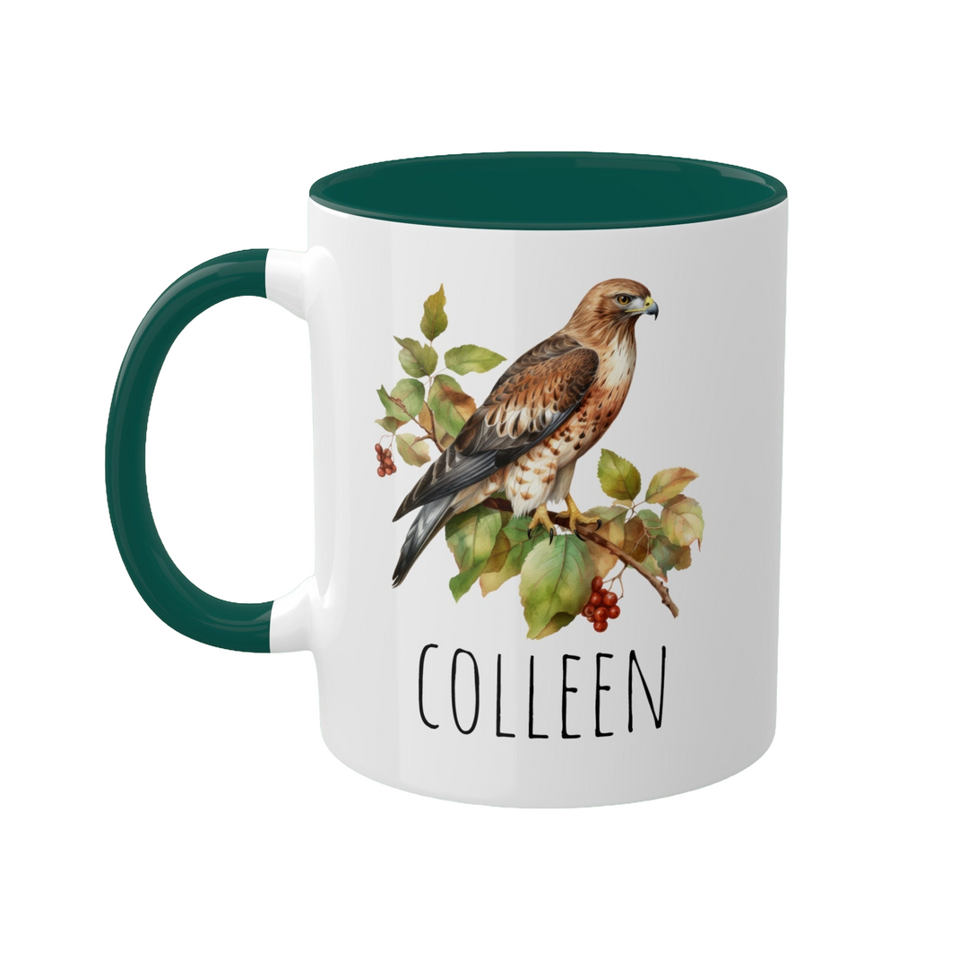 a coffee mug with a picture of a bird on it