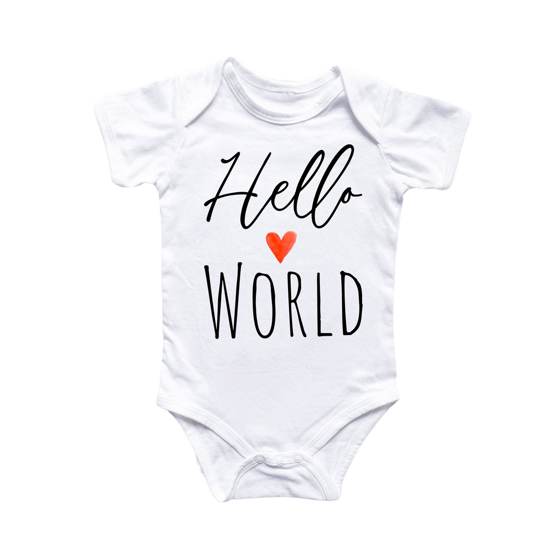 a baby bodysuit with the words hello world printed on it