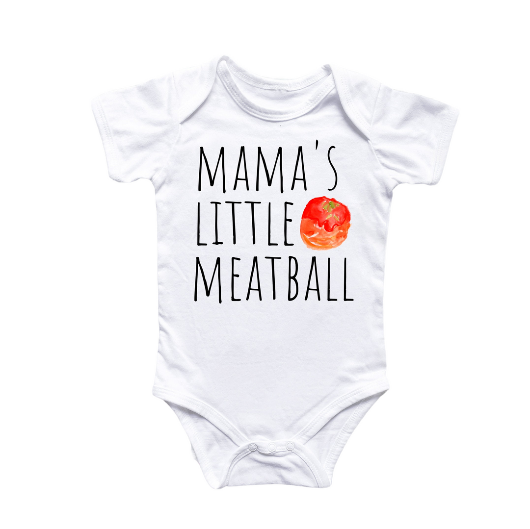 a white baby bodysuit with the words mama's little meatball on it