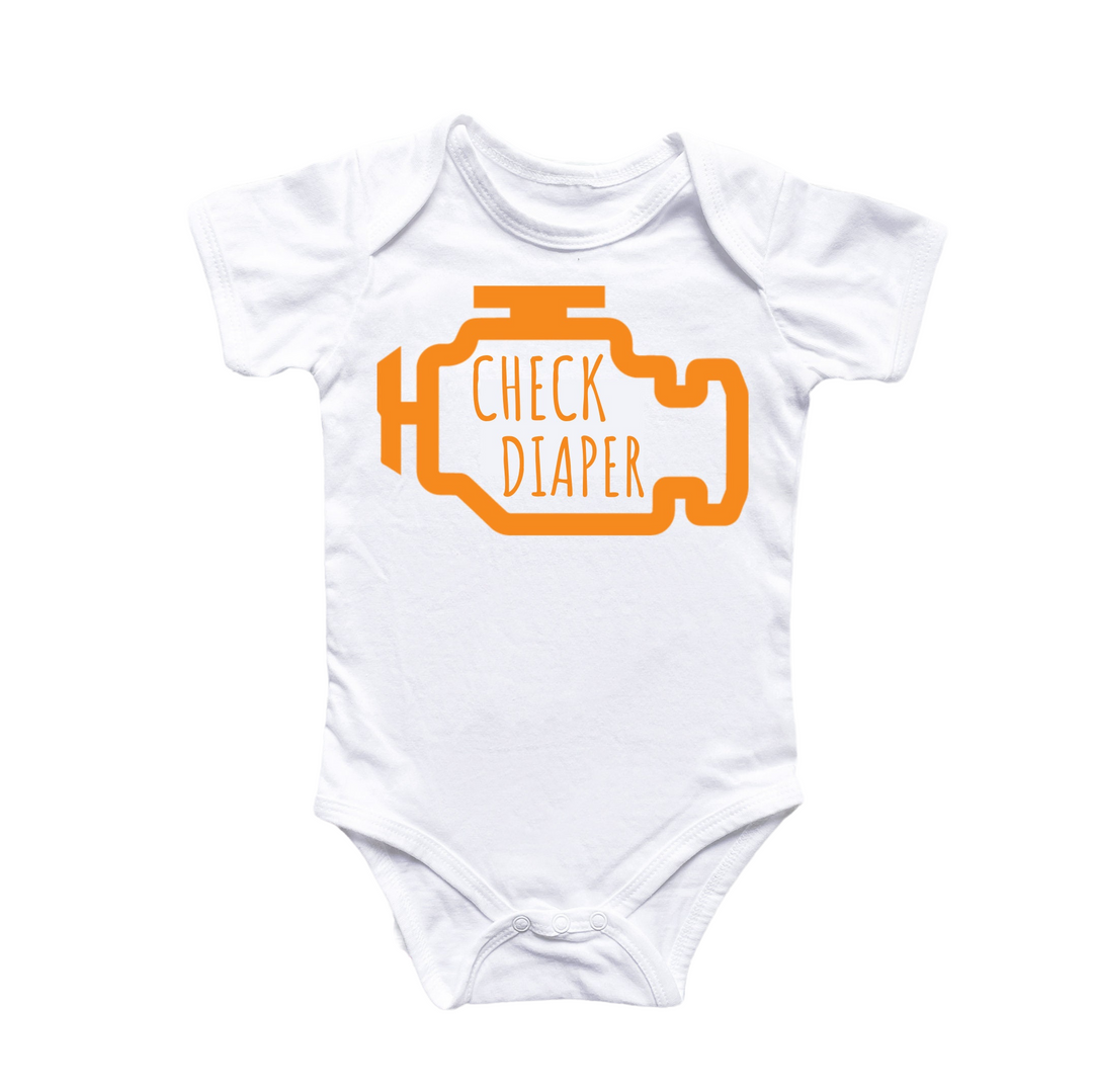 a white bodysuit with an orange check diaper on it