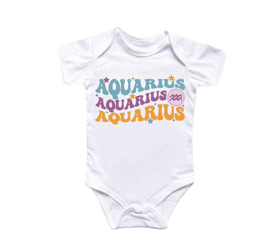 a white bodysuit with the words aquarius on it