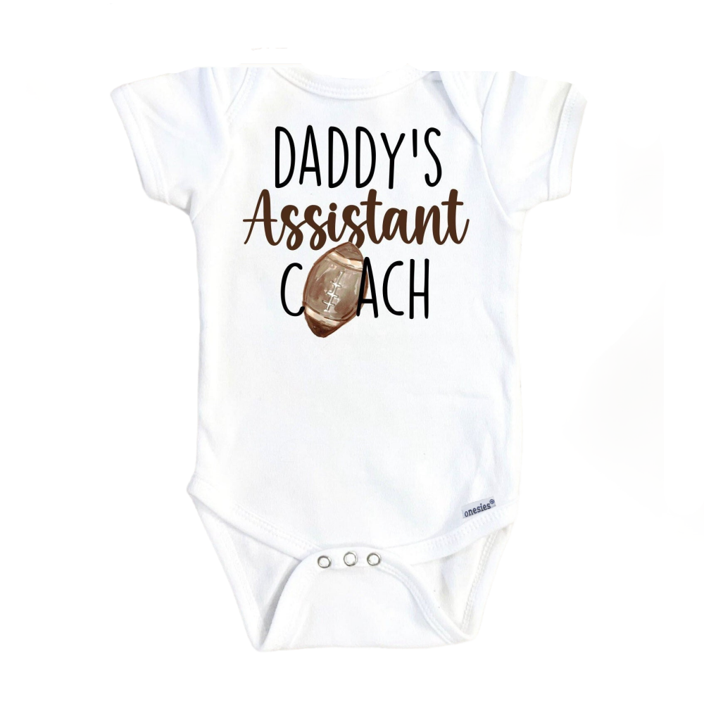 a white bodysuit with the words daddy's assistant coach on it