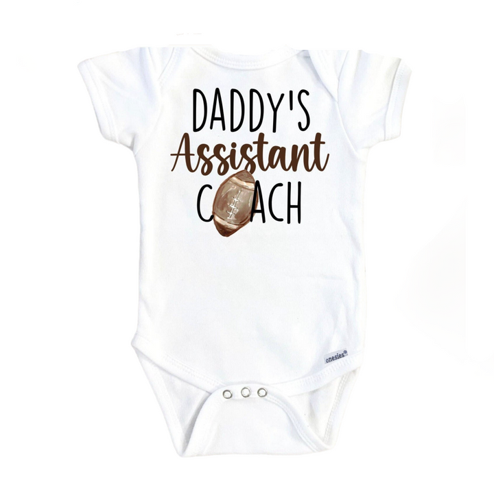 a white bodysuit with the words daddy's assistant coach on it