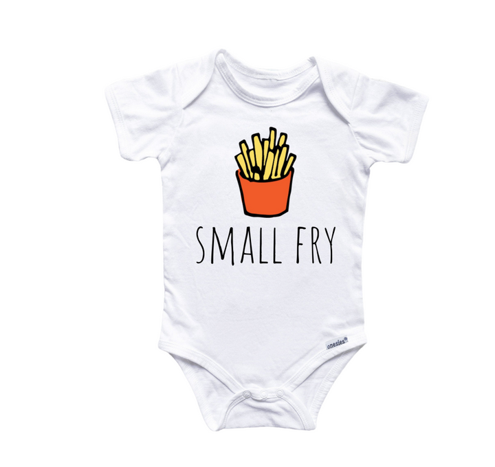 a white bodysuit with a picture of a small fry on it