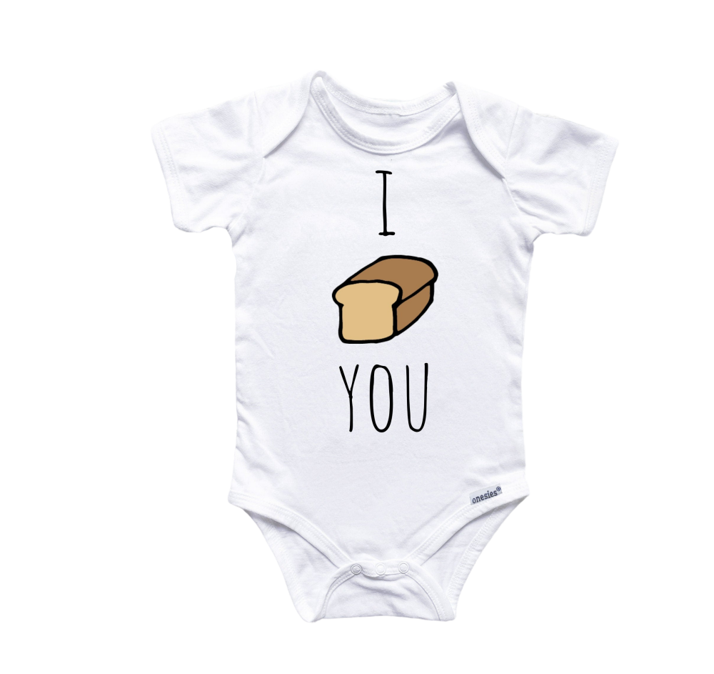 a baby bodysuit with a loaf of bread on it