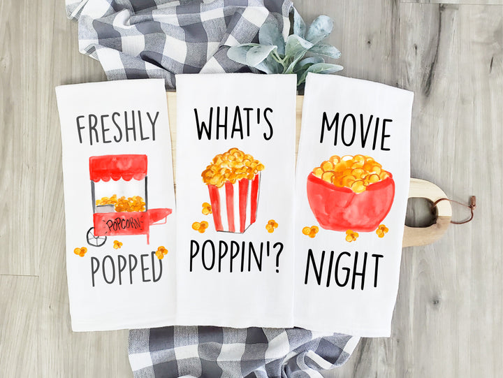 Popcorn Movie Night - Kitchen Tea Towel, Hand Dish, Housewarming, Funny, Friend, Gift