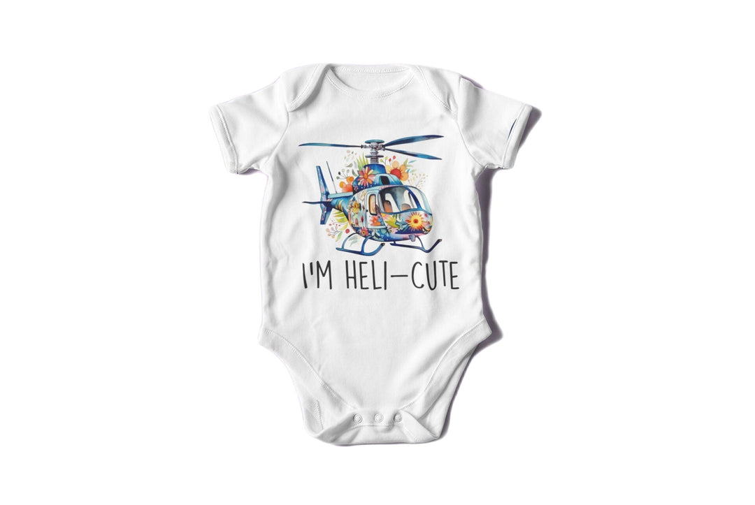 a white bodysuit with a helicopter on it that says i&#39;m hell -