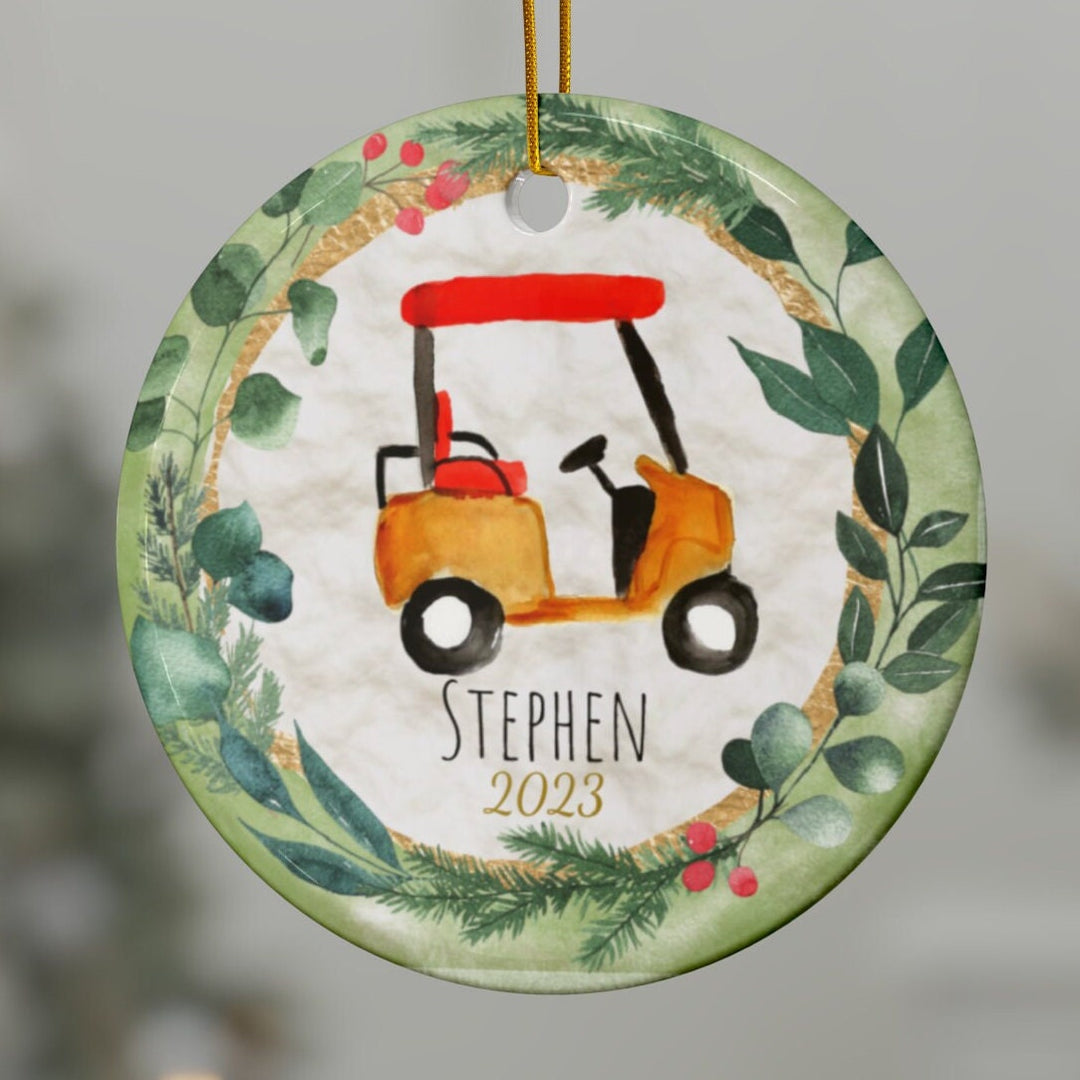 Golf Golfer Cart Christmas Ornament, Ceramic, Personalized, Custom, Tree