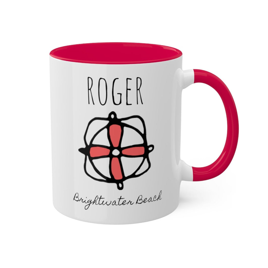 a red and white coffee mug with roger on it
