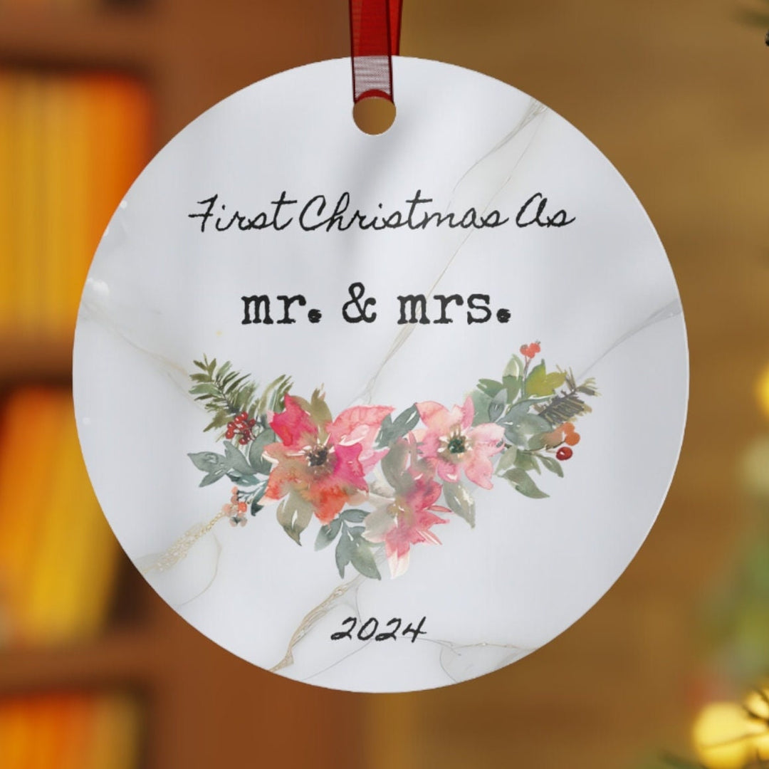 Mr Mrs Wedding Married Floral First Christmas Ornament, Ceramic, Personalized, Custom, Tree