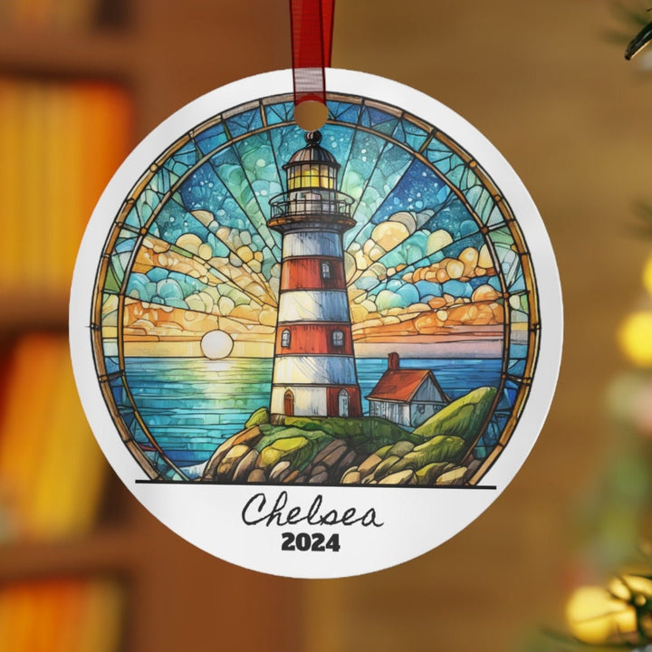 Lighthouse Coastal Beach Christmas Ornament, Ceramic, Personalized, Custom, Tree