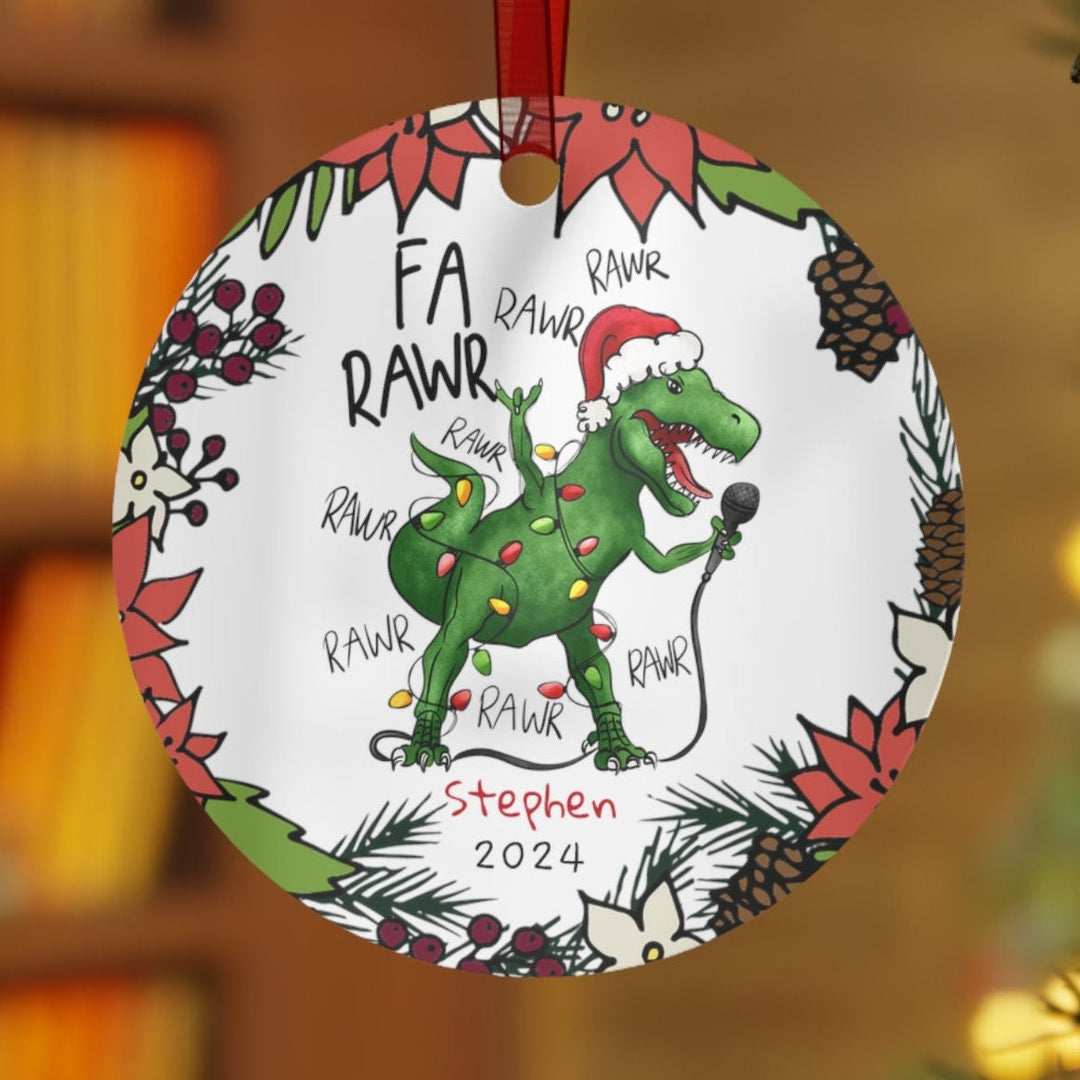 Dinosaur Santa Christmas Ornament, Ceramic, Personalized, Custom, Tree