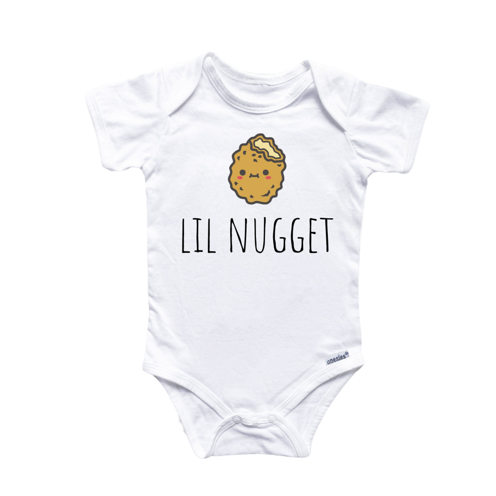 a white bodysuit with a cookie on it that says lil nugget