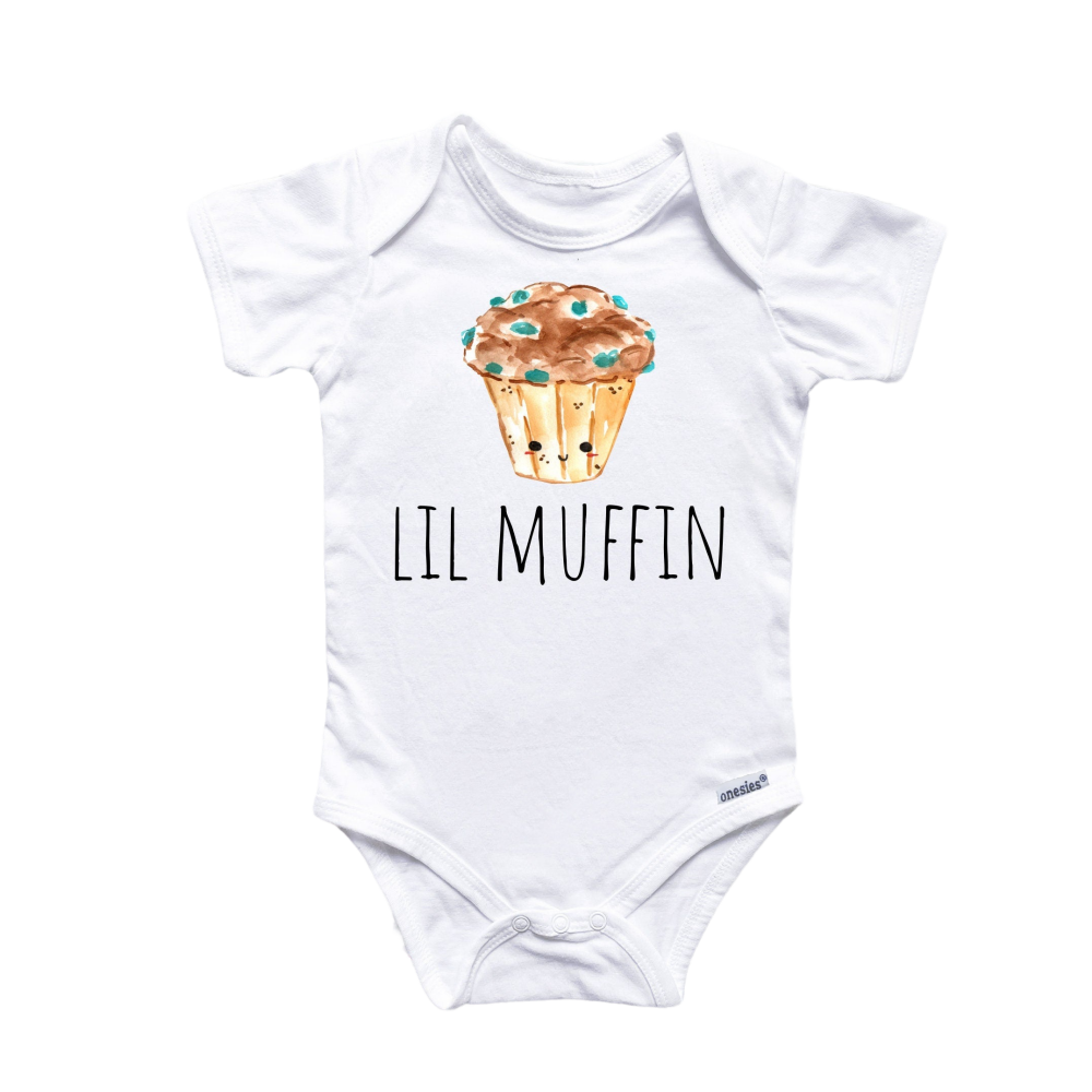 a white bodysuit with a picture of a muffin on it