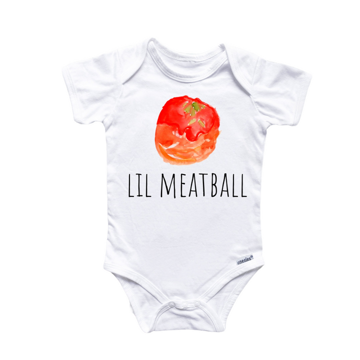 a white baby bodysuit with a tomato on it