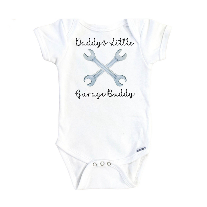 a baby bodysuit with a wrench and a wrench on it