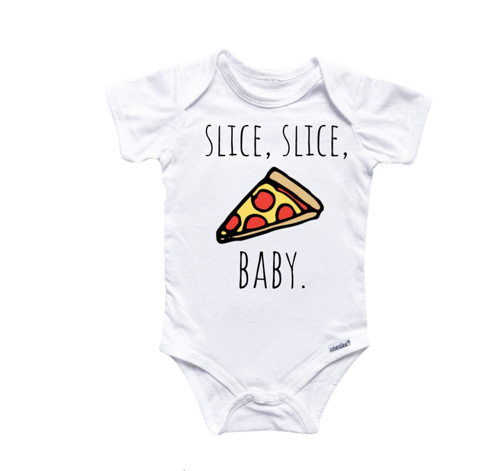 a baby bodysuit with a slice of pizza on it