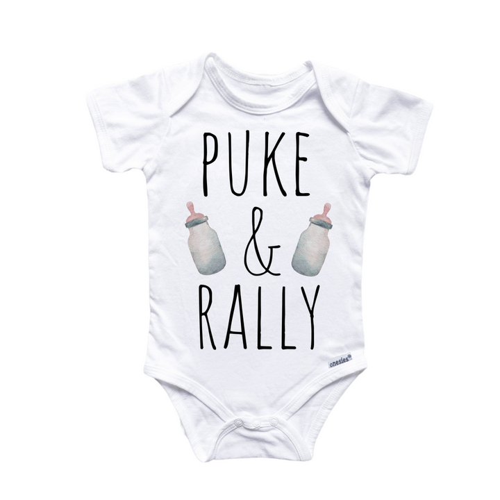 a white bodysuit with the words puke and rally on it