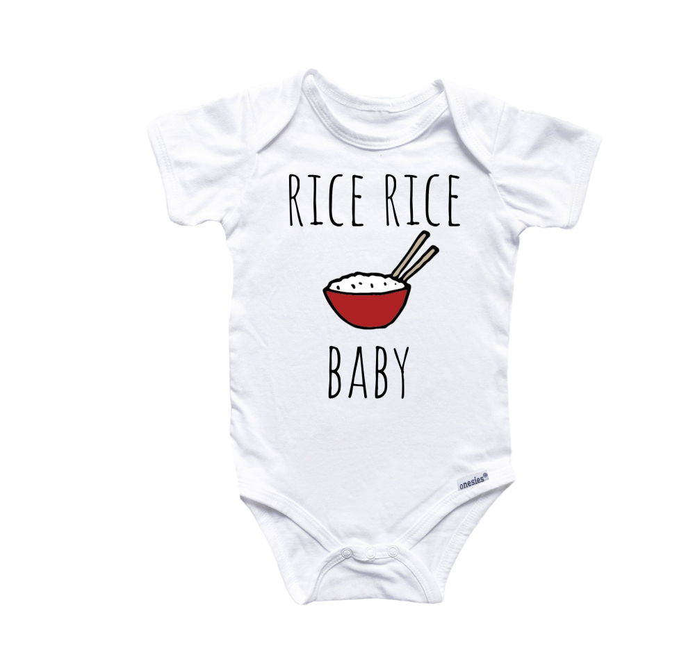 a white bodysuit with rice rice baby on it