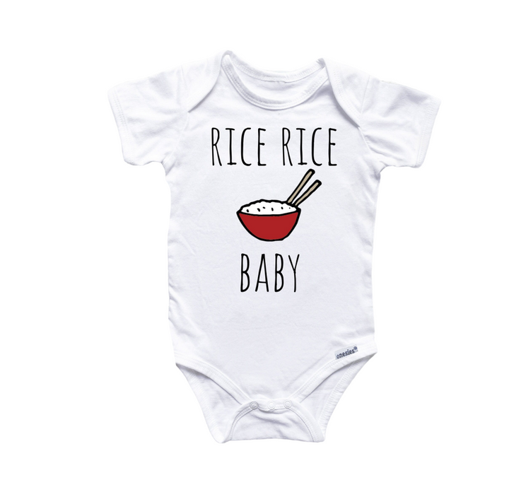 a white bodysuit with rice rice baby on it