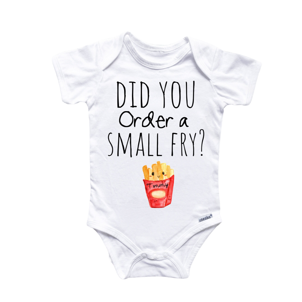 a white onesuit with a picture of a small fry on it