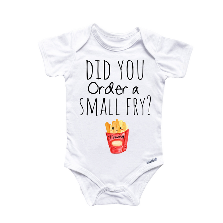 a white onesuit with a picture of a small fry on it