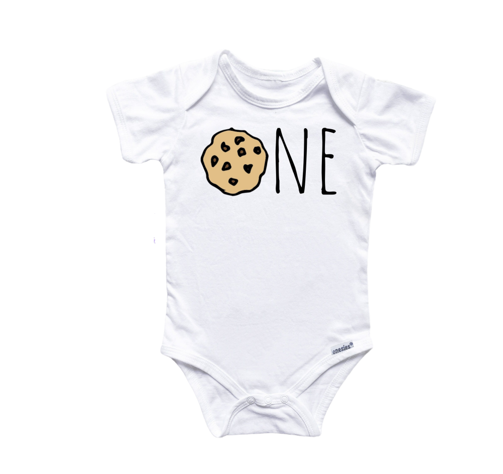 a white onesie with a cookie on it