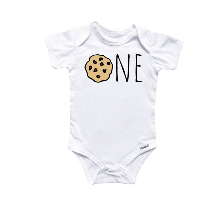 a white onesie with a cookie on it