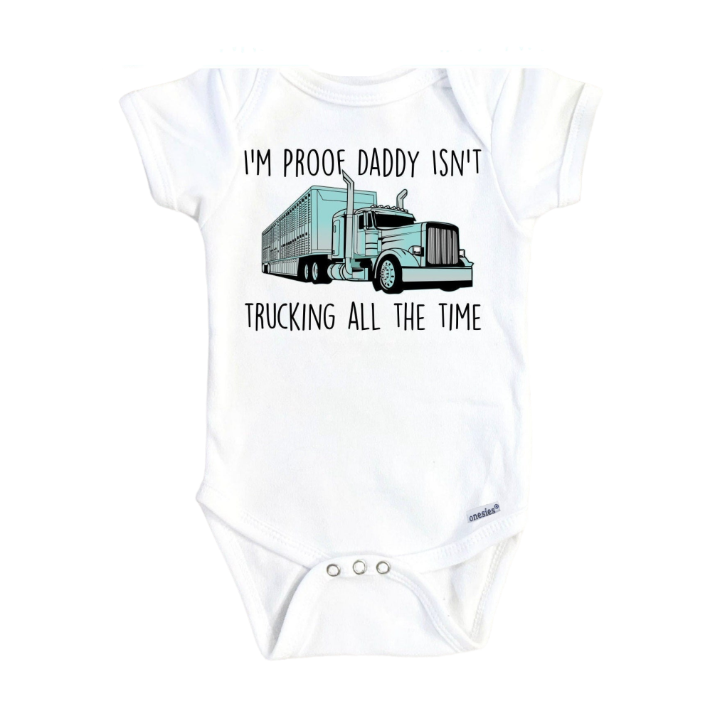 a white baby bodysuit with a truck on it