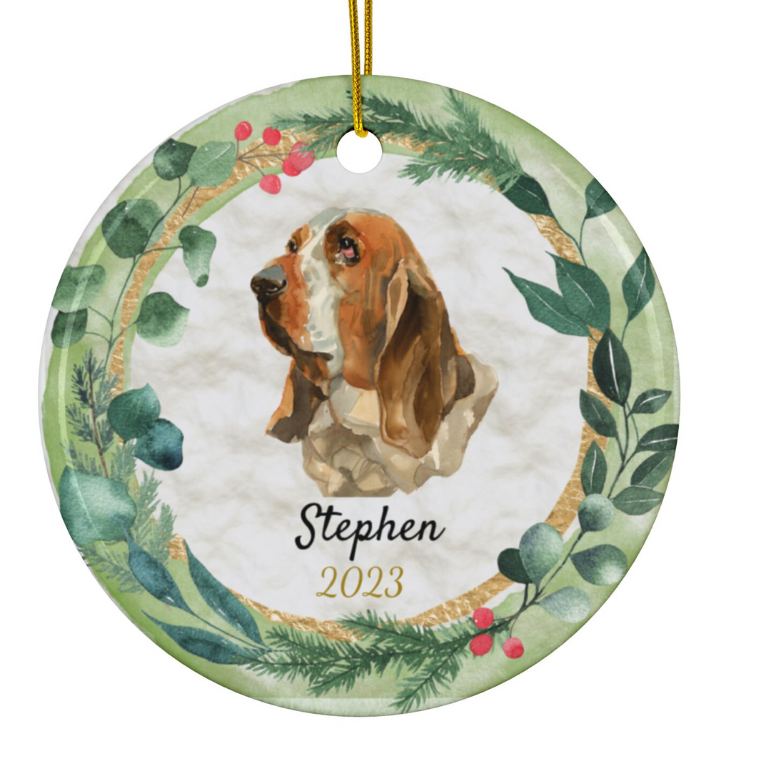 a christmas ornament with a basset hound on it