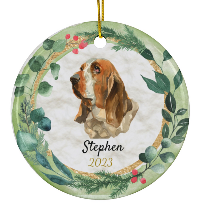 a christmas ornament with a basset hound on it