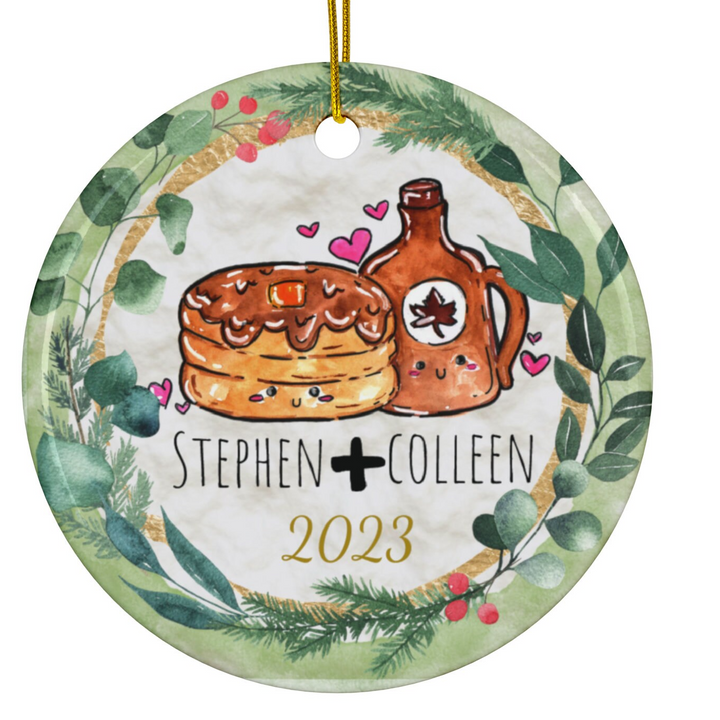 a ceramic ornament with a picture of pancakes and syrup