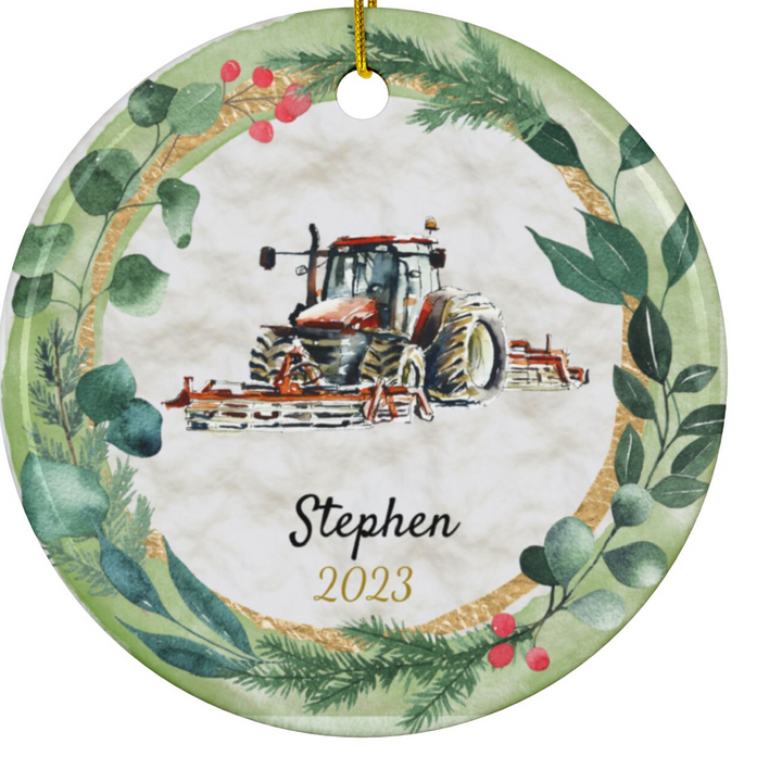 a christmas ornament with a tractor on it