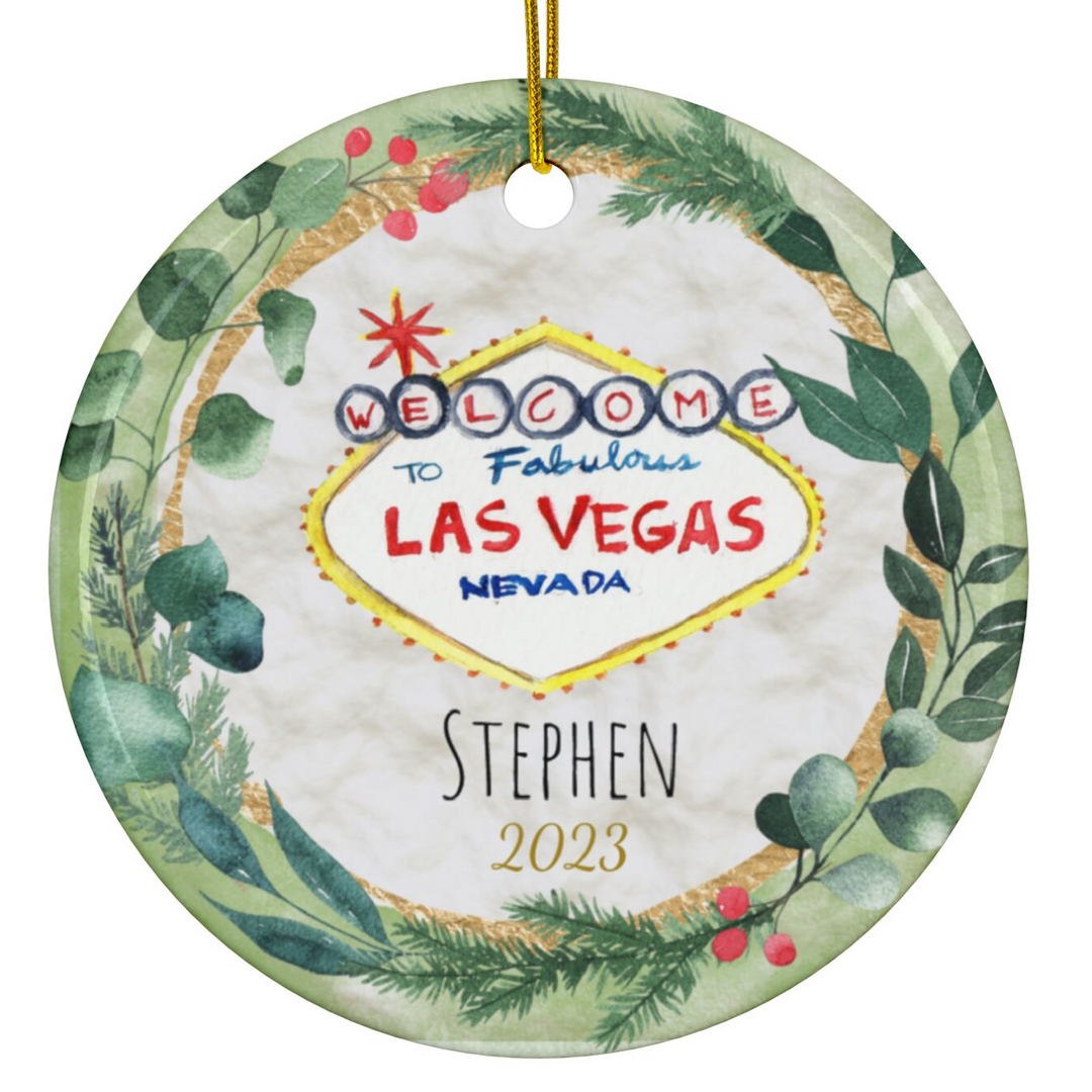 a ceramic ornament with a las vegas sign on it