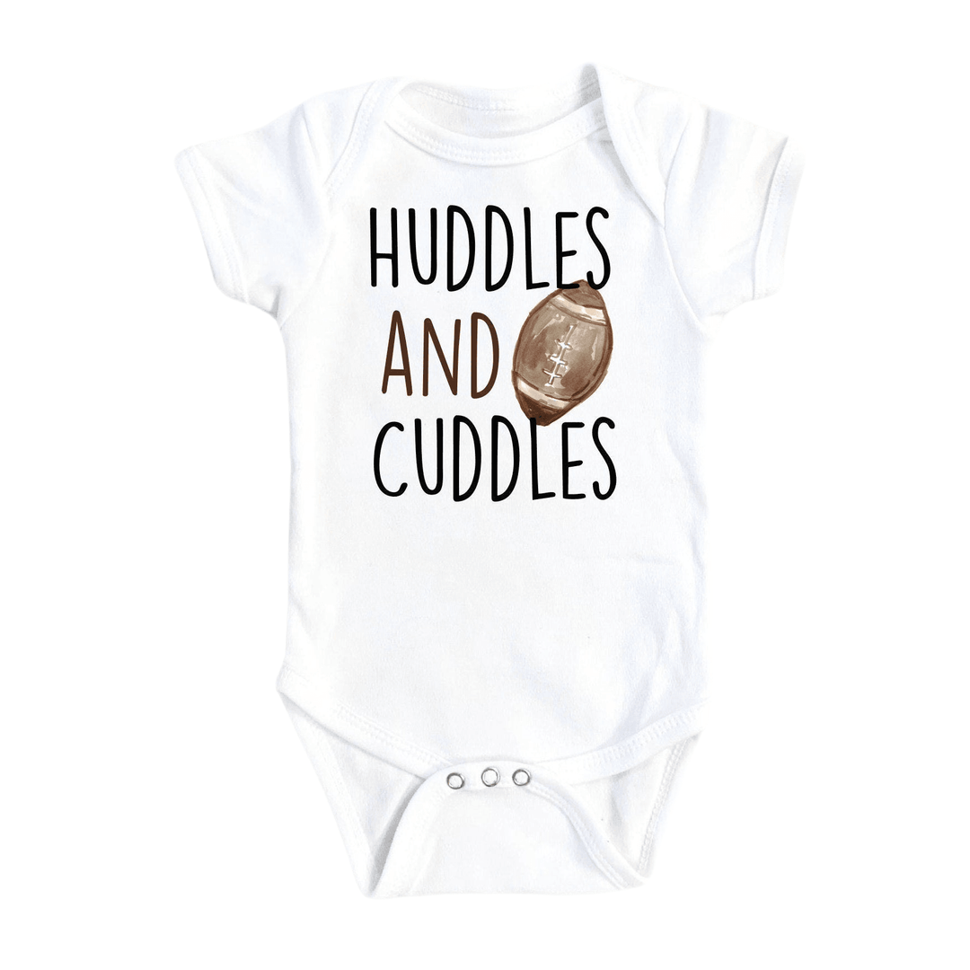 a white bodysuit with the words huddles and cuddles on it