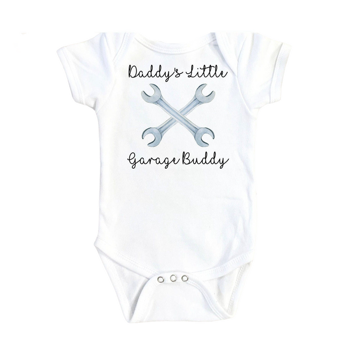 a baby bodysuit with a wrench and a wrench on it